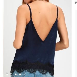 Lulu’s- Sultry Style Navy Blue Lace Tank Top